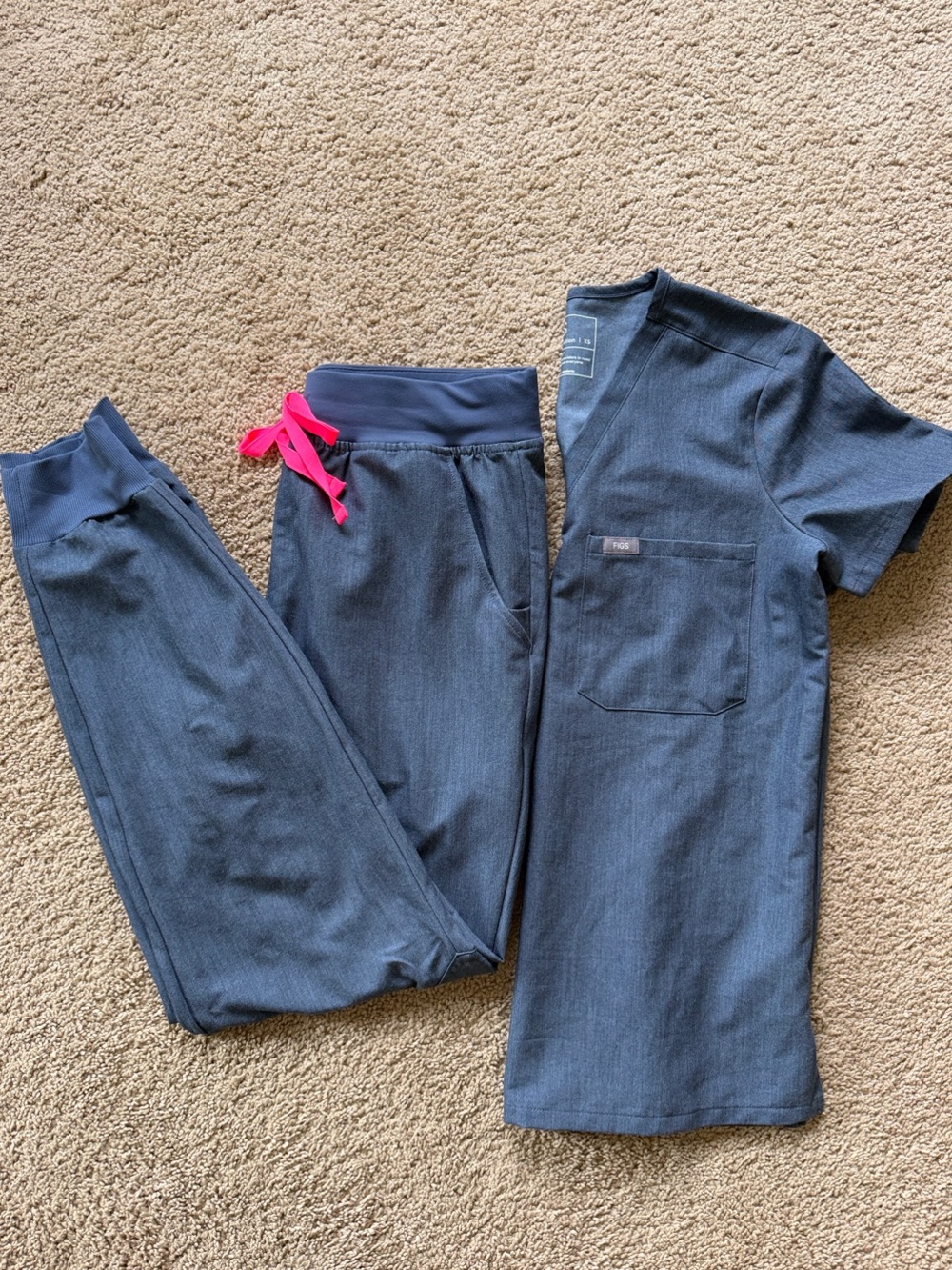 Figs Women's Heather Denim Scrub Set with Pink Drawstring